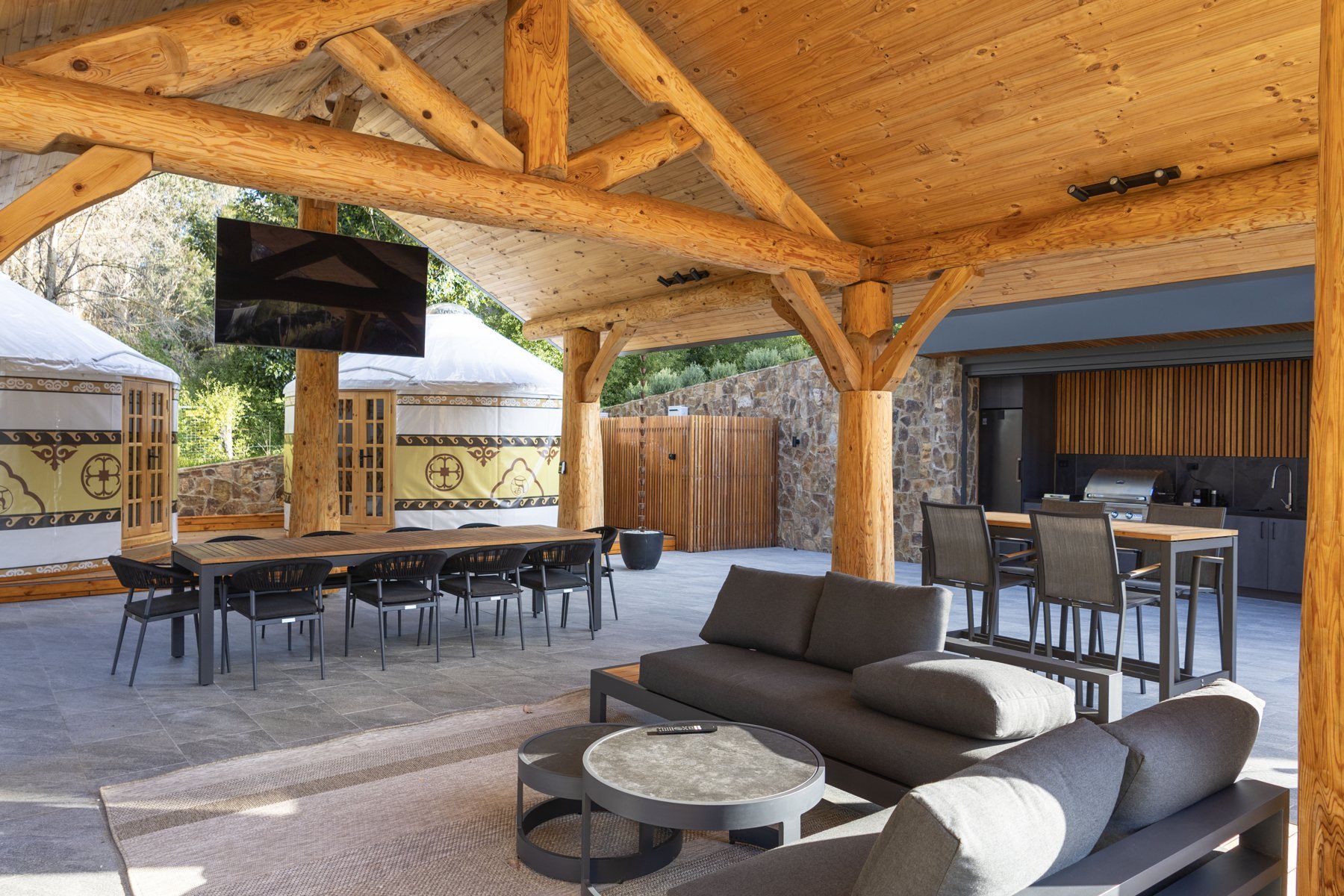 The lounge under the shelter, with the outdoor TV