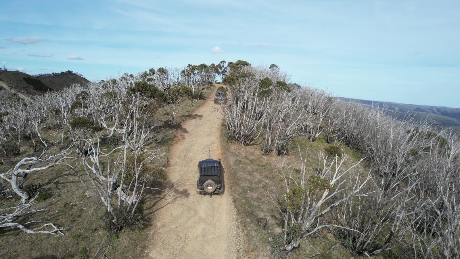 A 4WD on a high-country ridge track among snow gums