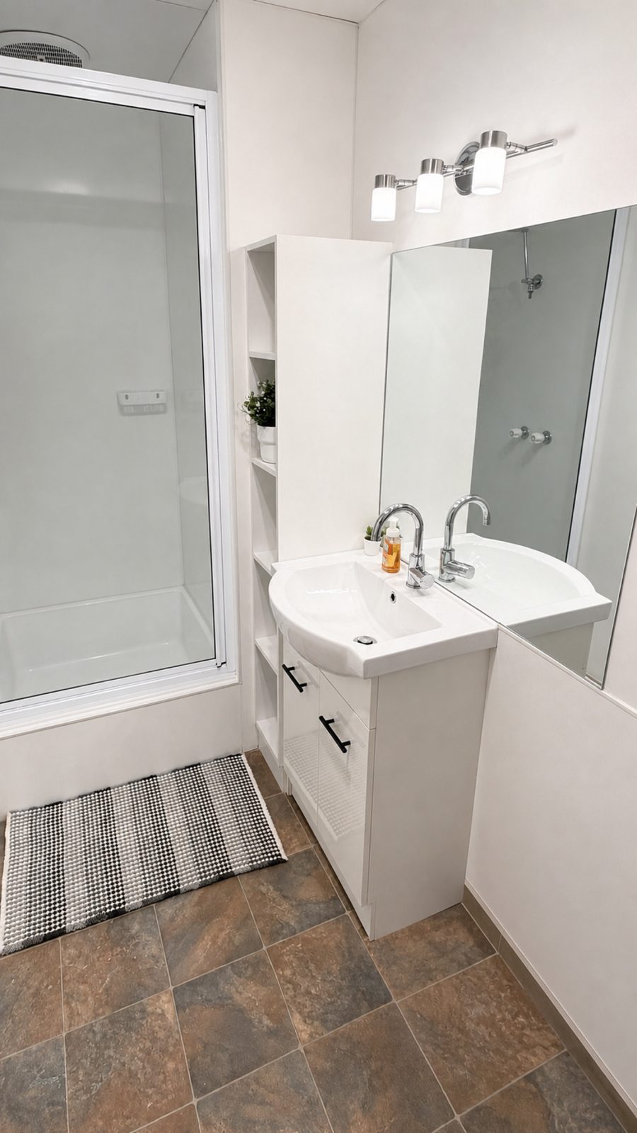 The bathroom: hot shower and vanity
