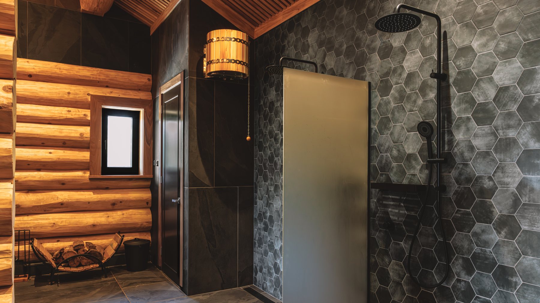 Shower room with slate tiles and cedar logs