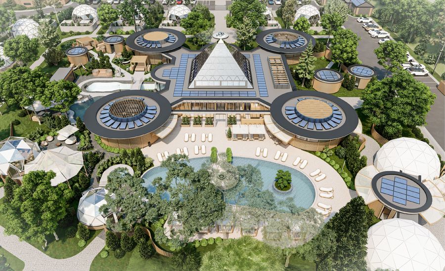 The bathhouse: steam rooms, pools and a hot spa around a central court