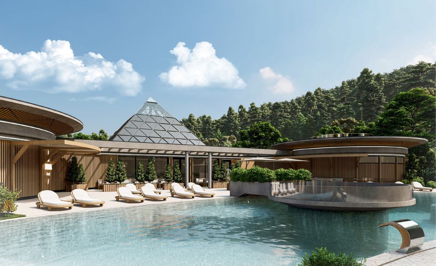 The main pool, with the banya main building behind