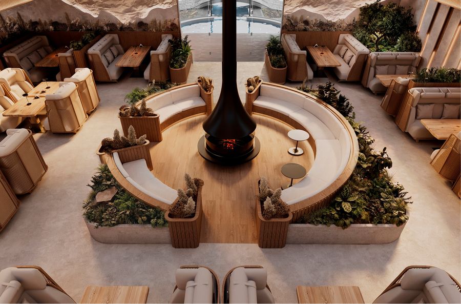 Restaurant area with the central fireplace
