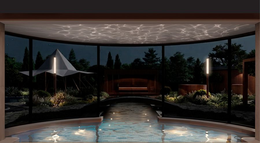 Swim-out hot spa from indoors to outdoors