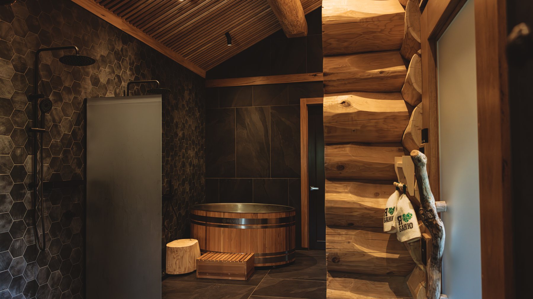 Cedar logs, slate shower and the hot tub seen through the doorway