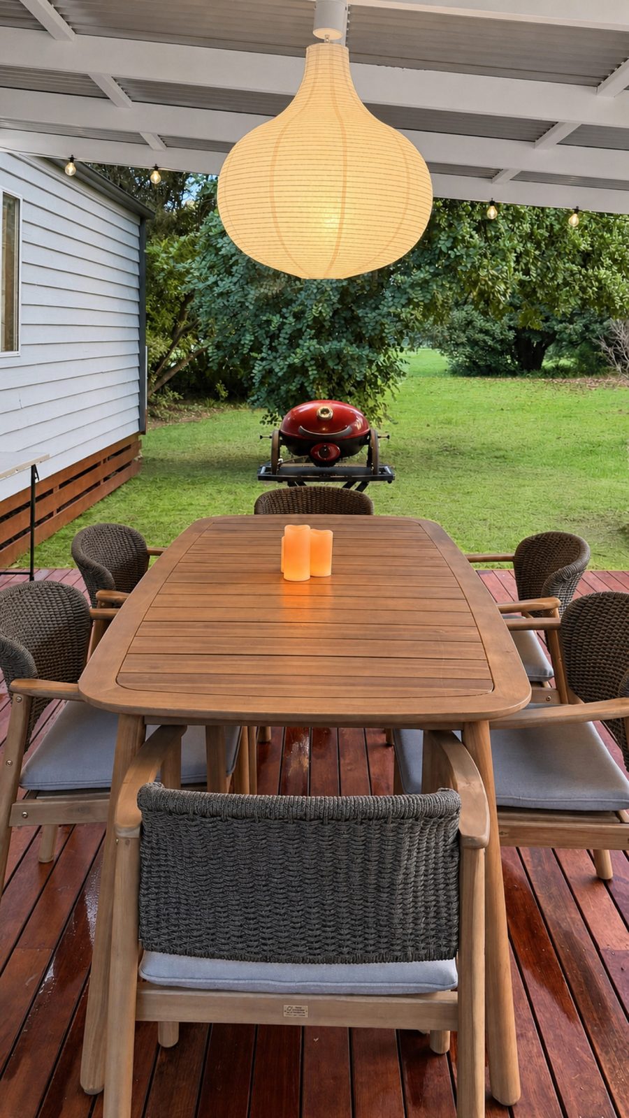 Dining on the deck under the pendant light