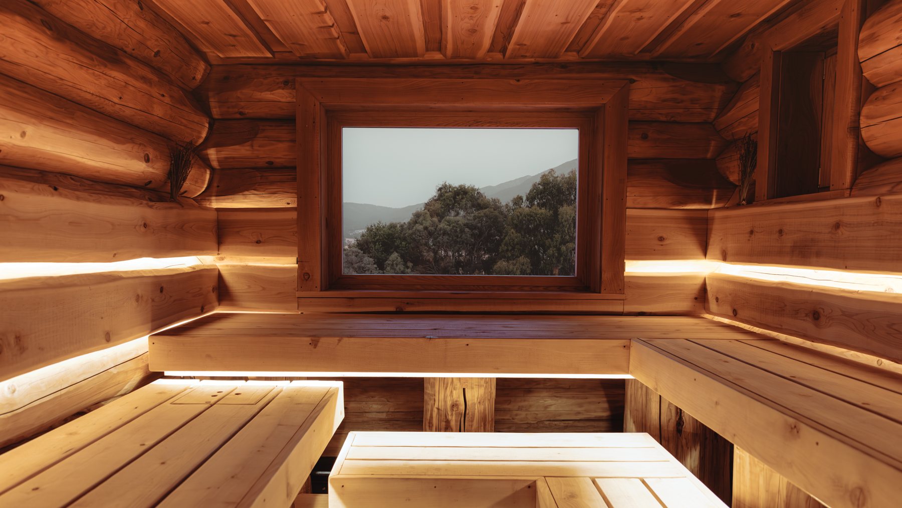 Inside the Log Banya wood-fired sauna near Mount Beauty: cedar benches and a window onto the Kiewa Valley